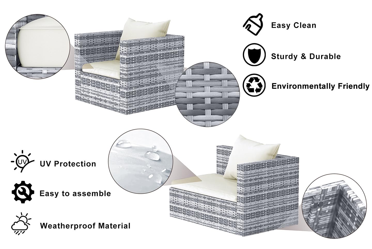 bigzzia Rattan Garden Furniture Set, 4 piece Patio Rattan furniture sofa Weaving Wicker includes 2 Armchairs,1 Double seat Sofa and 1 table (Black)