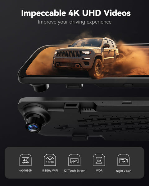 WOLFBOX G840S 12" 4K Mirror Dash Cam with 5.8GHz WiFi, 2160P Full HD Smart Rearview Mirror for Cars & Trucks, Front and Rear Dual Cameras, Night Vision, Reverse Assist, Included 32GB Card & GPS