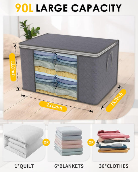 KALAHOL 90L Large Capacity Clothes Storage Bags with Zips, Storage Boxes with Lids, Reinforced Handle, Foldable, Thick Fabric, for Comforters, Clothes, Blankets, Bedding, 4 Pack, Dark Grey
