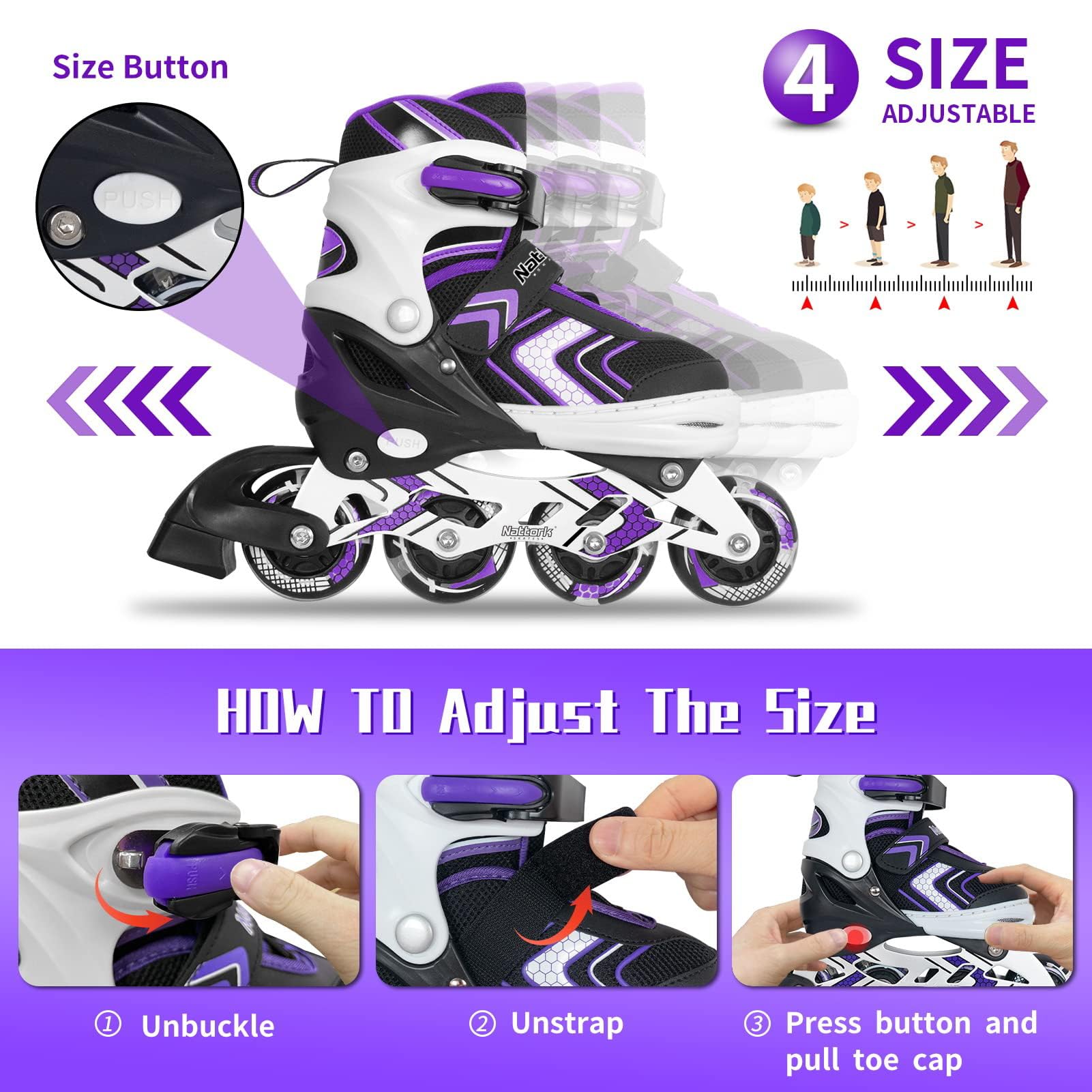 Adjustable Inline Skates for Girls, Girls Roller Skates with All Light up Wheels for Big Kids, Purple, Size 1 2 3