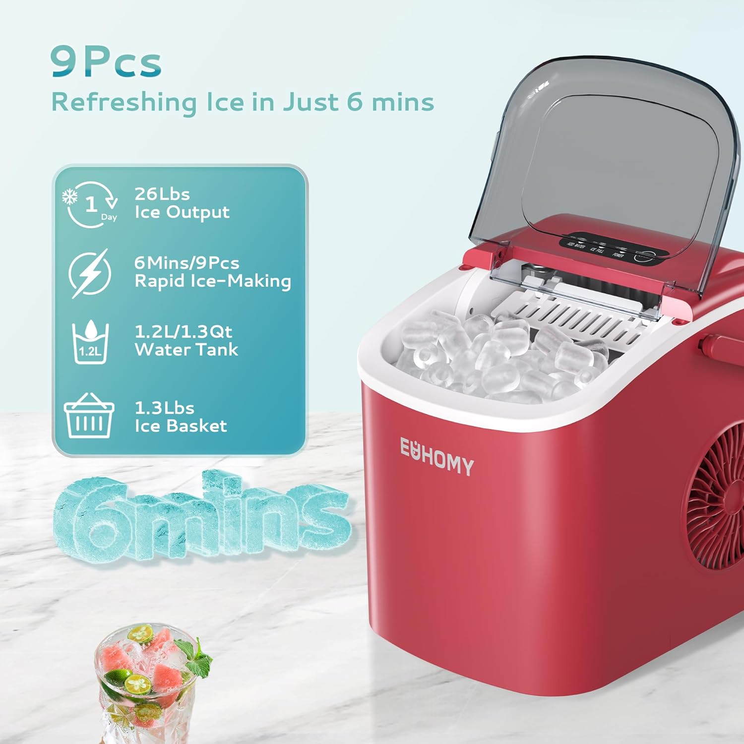 Ice Maker Machine Countertop Ice Cube Maker with Portable Handle, 9 Ice Cubes in 6 Mins, Self-Cleaning Compact Ice Maker 12 kg in 24 Hrs, with Ice Scoop and Basket for Home/Kitchen/Office/Bar