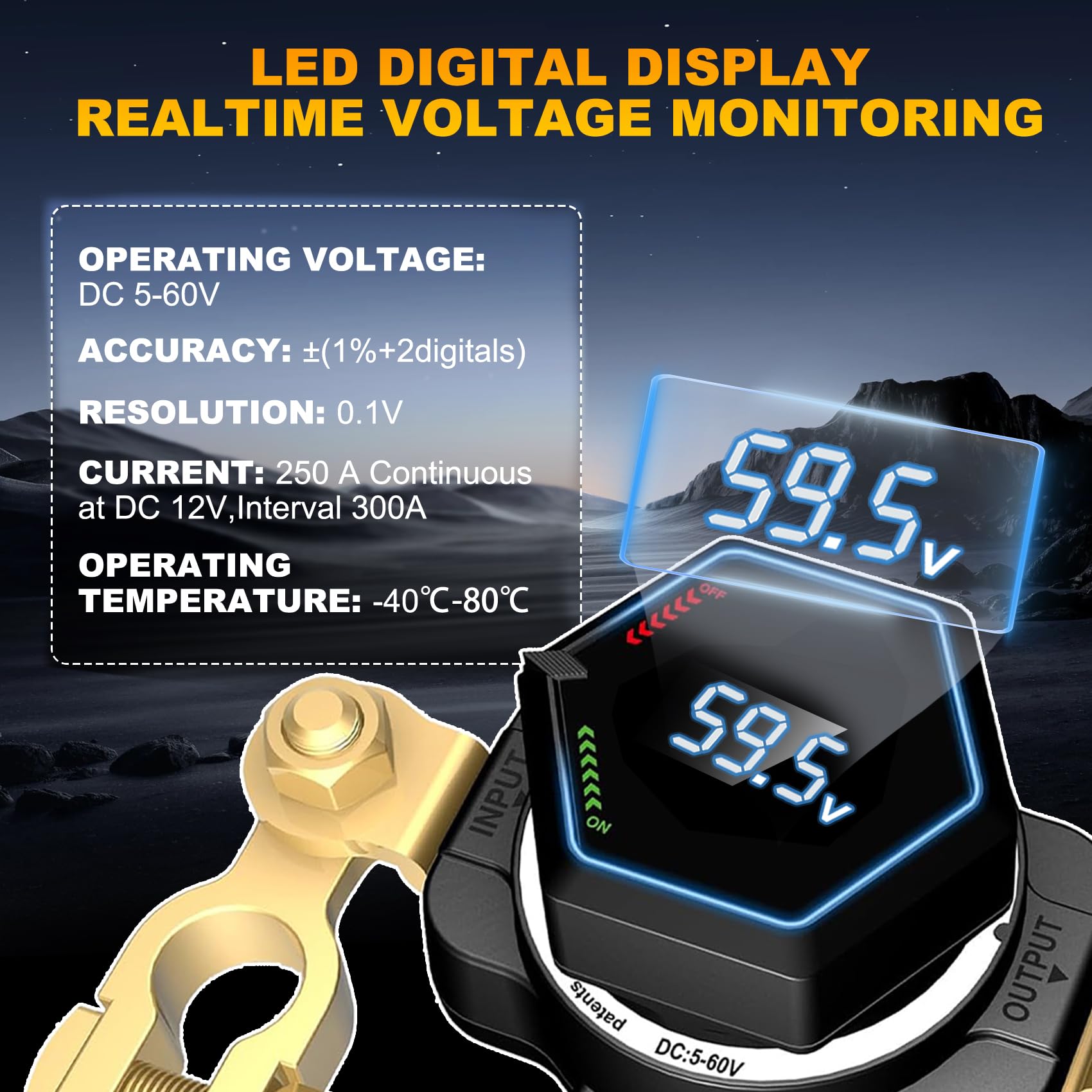 Top Post Battery Isolator Switch with Voltmeter, DC 5-60V Master Isolator On Off Kill Switch Power Cut/Shut Off Switch for Marine Boat RV Car Truck Camper Trailer