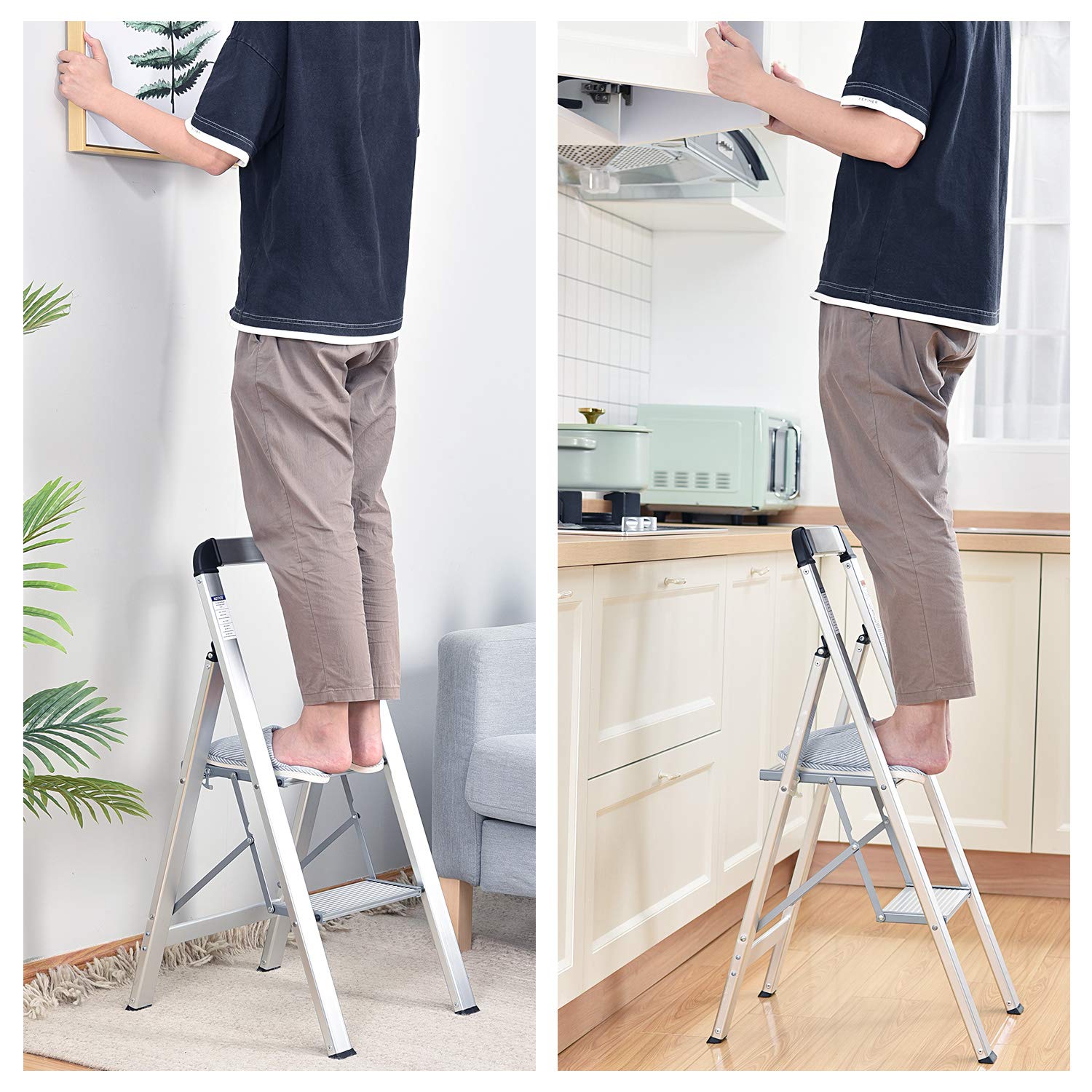 KINGRACK 2 Step Ladder with Handrail, Non-Slip Household Ladder with Folding Safety, Aluminium Folding Step Stool, Maximum Load 150 kg, Black