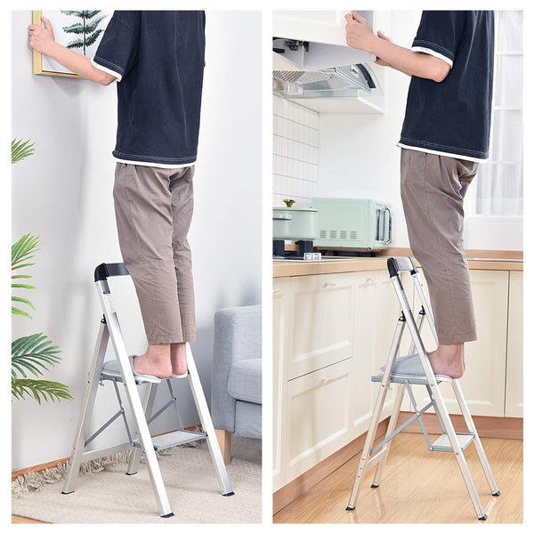 KINGRACK 2 Step Ladder with Handrail, Non-Slip Household Ladder with Folding Safety, Aluminium Folding Step Stool, Maximum Load 150 kg, Black