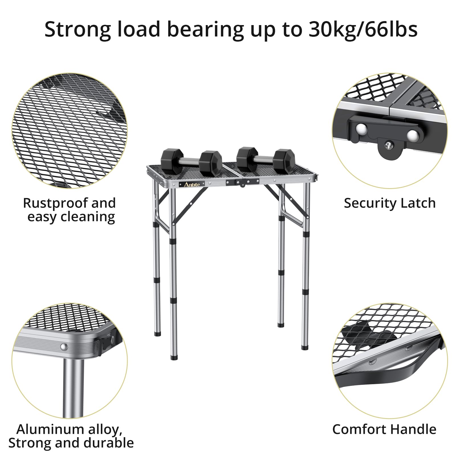 Anbte Folding Grill Table, 3 Adjustable Heights Aluminum Camping Table Heat Resistant with Mesh Desktop, Lightweight, Portable handle for Outdoor
