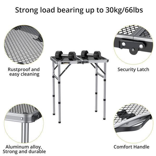 Anbte Folding Grill Table, 3 Adjustable Heights Aluminum Camping Table Heat Resistant with Mesh Desktop, Lightweight, Portable handle for Outdoor
