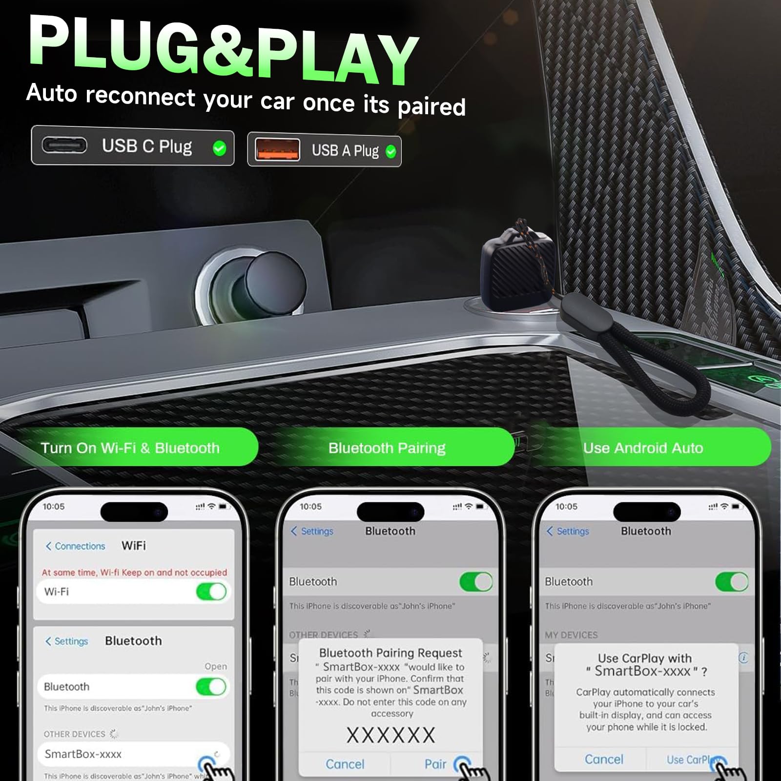 Wireless Carplay Adapter (2025 Upgrade),Plug and Play Convert Wired to Wireless Bluetooth Carplay Adapter Compatible with iPhone iOS 10+,- No Latency