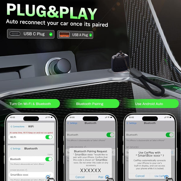 Wireless Carplay Adapter (2025 Upgrade),Plug and Play Convert Wired to Wireless Bluetooth Carplay Adapter Compatible with iPhone iOS 10+,- No Latency