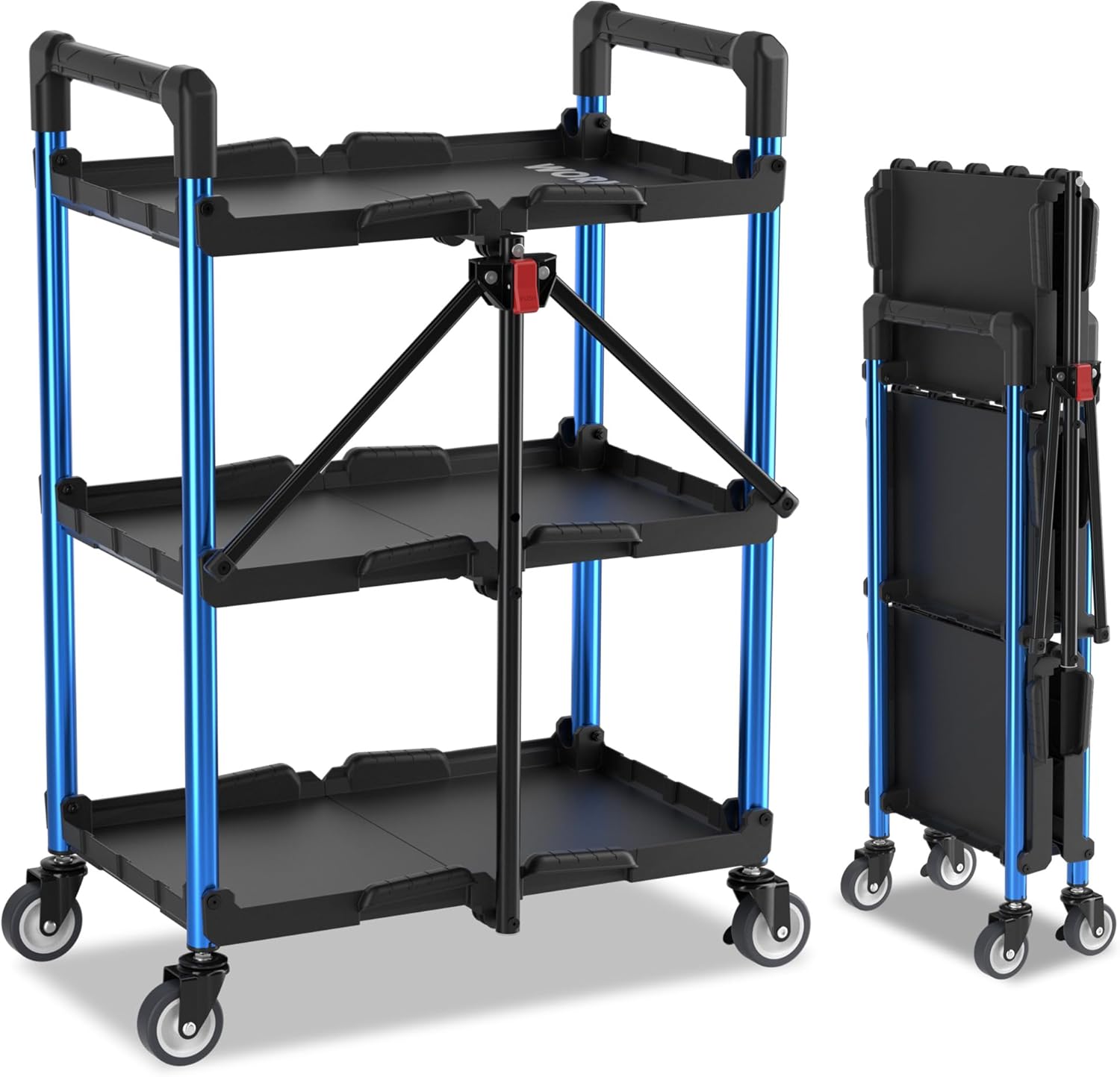 WORKPRO 3-Tier Collapsible Service Cart with Wheels, 31.8 kg Capacity & Ergonomic Handle - Folding Cart for Garage, Workshop, Home & Office