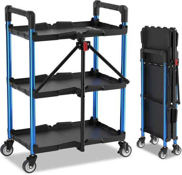 WORKPRO 3-Tier Collapsible Service Cart with Wheels, 31.8 kg Capacity & Ergonomic Handle - Folding Cart for Garage, Workshop, Home & Office