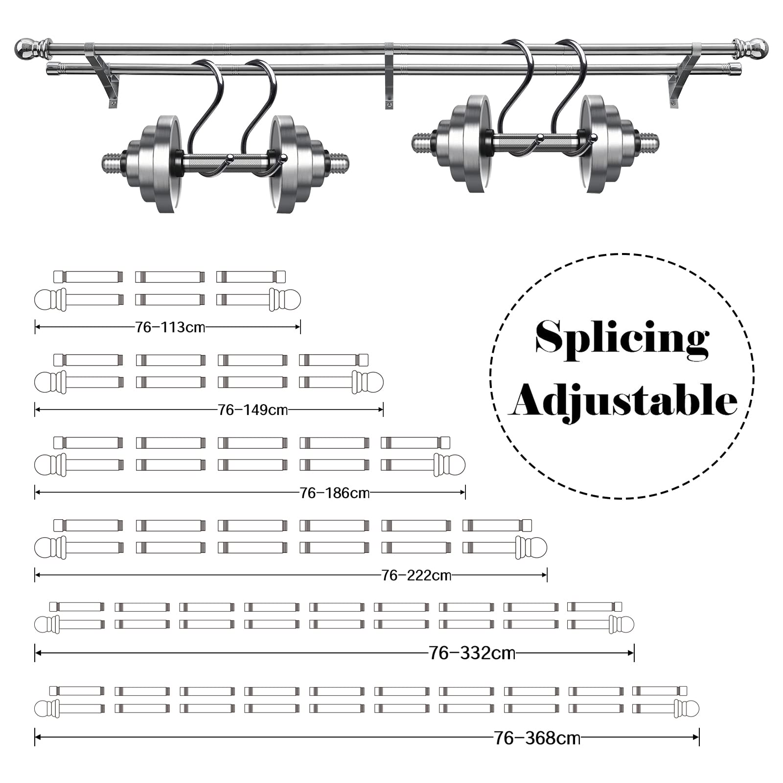 Harrms Double Curtain Pole, Curtain Poles for Eyelet Curtains, Silver Curtain Pole 76-368cm, Extendable Metal Curtain Rod Stainless Steel Room