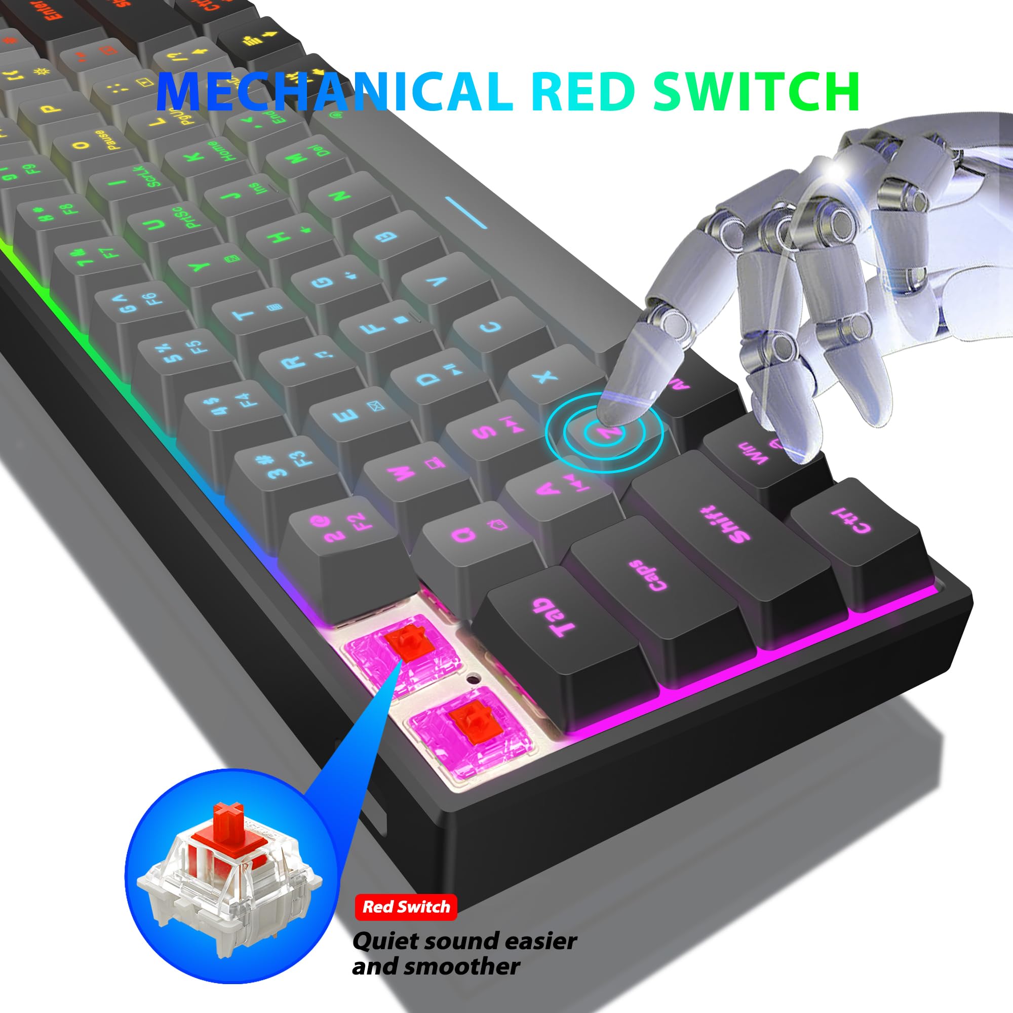 Snpurdiri 60% Wired Mechanical Gaming Keyboard, Mini 61-Key With Red Switches for PC, Windows XP, Win 7, Win 10 (Black-Red)