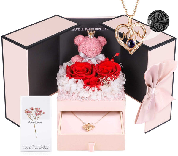 ADDWel Gifts for Mum from Daughter and Son, Mother Birthday Gift Idea from Kids, Unique Preserved Real Roses with I Love You Mum Necklace, Cool