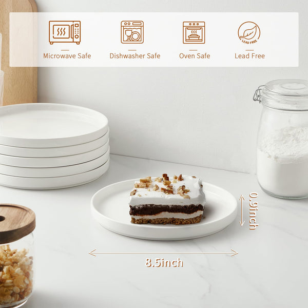 Jassceram 8.5 Inch Small Dinner Plates Set of 6, Ceramic Flat Plates for Salad, Dessert and Appetizer - Microwave, Oven and Dishwasher Safe, Scratch