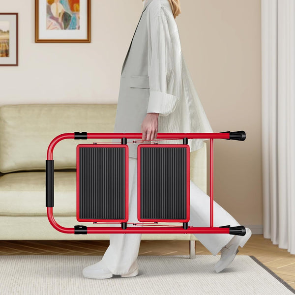KINGRACK Folding 3-Step Ladder with Non-Slip Pedals, Sturdy Steel, Lightweight & Portable, Red