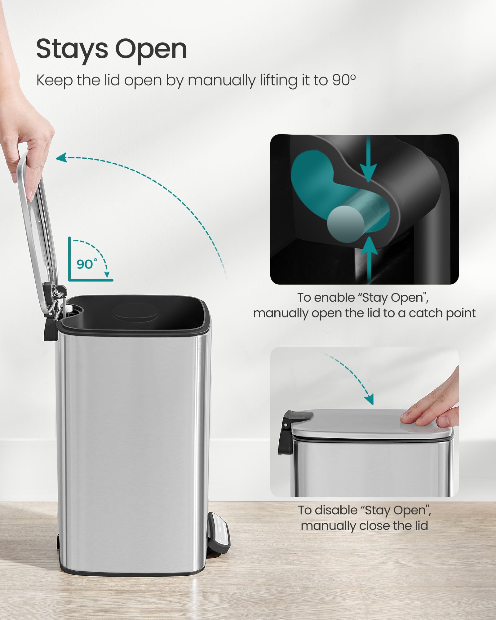 SONGMICS Kitchen Bin, 8-Gallon (30 L) Trash Bin, Steel Pedal Bin, with Inner Bucket, Soft Close and Stays Open, Metallic Silver LTB593E01