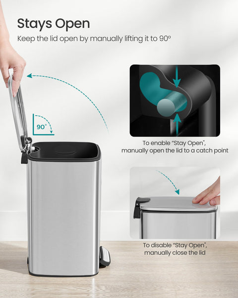 SONGMICS Kitchen Bin, 8-Gallon (30 L) Trash Bin, Steel Pedal Bin, with Inner Bucket, Soft Close and Stays Open, Ink Black LTB593B02