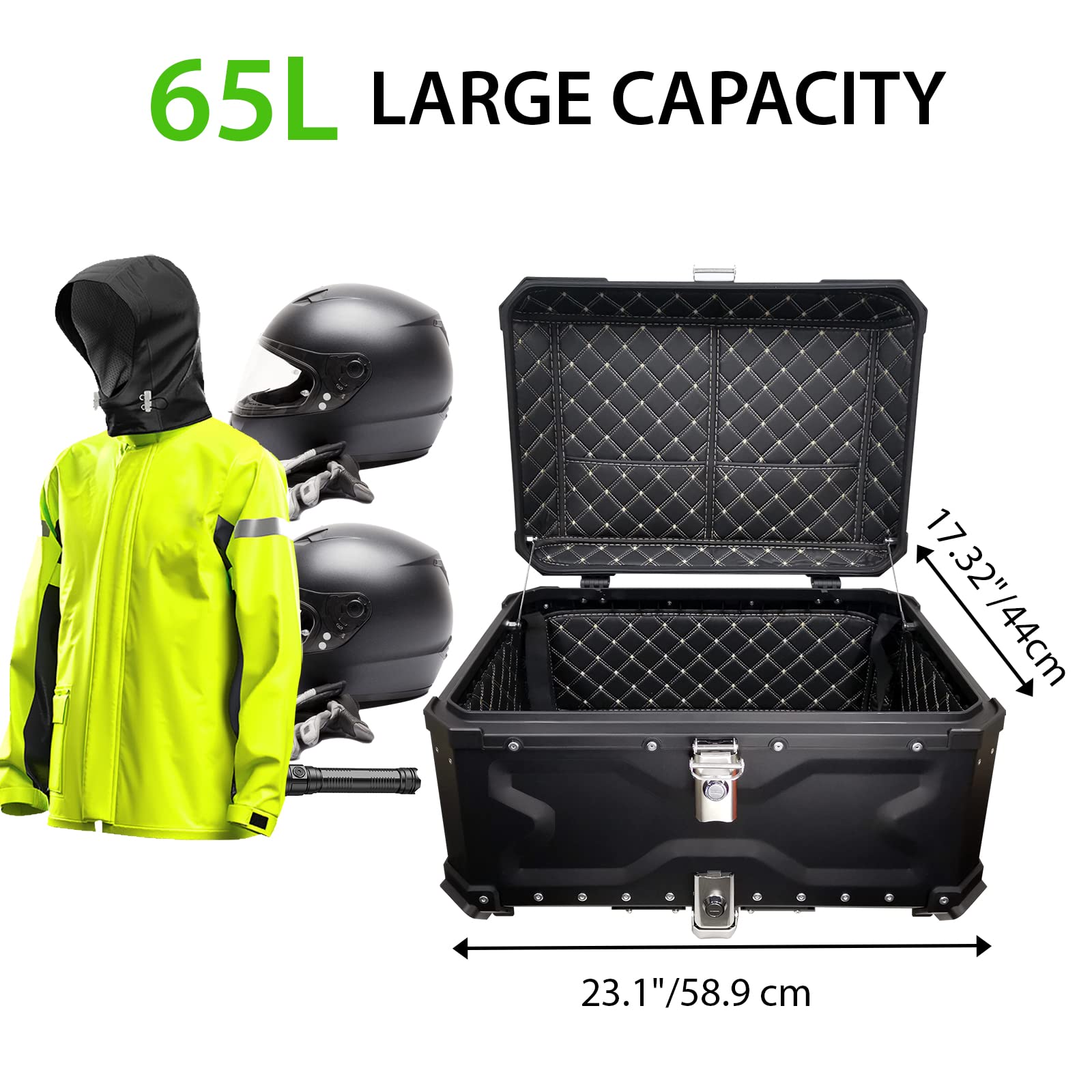 VOKKA Motorcycle Top Box, 65L Aluminium Alloy Waterproof Dustproof and Anti-Theft, Luggage Box for Storage Helmet, Motorbike Top Case with Backrest and Baseplate (Silver)