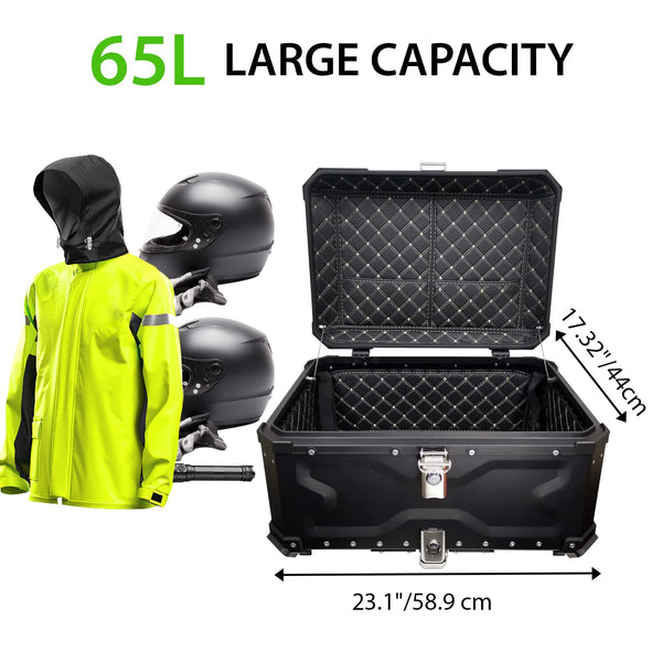 VOKKA Motorcycle Top Box, 65L Aluminium Alloy Waterproof Dustproof and Anti-Theft, Luggage Box for Storage Helmet, Motorbike Top Case with Backrest and Baseplate (Silver)
