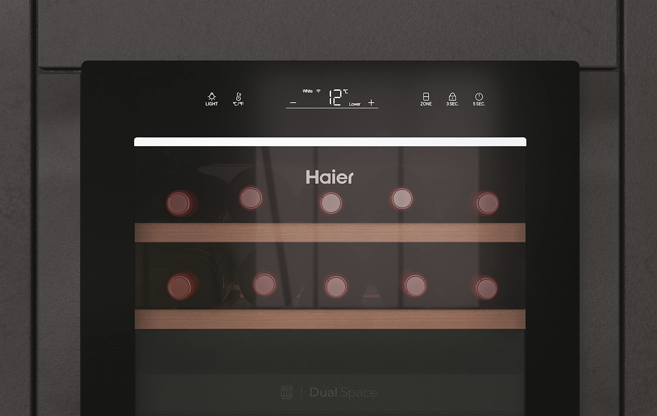 Haier Wine Bank 50 Series 5 Freestanding Wine Cooler, 49 Bottles, Single Zone Temperature, Anti-UV Glass Door, Low Vibration Design, LED Light, hOn App, F Class, Black, 49.7x58.5x82 cm - HWS49GA