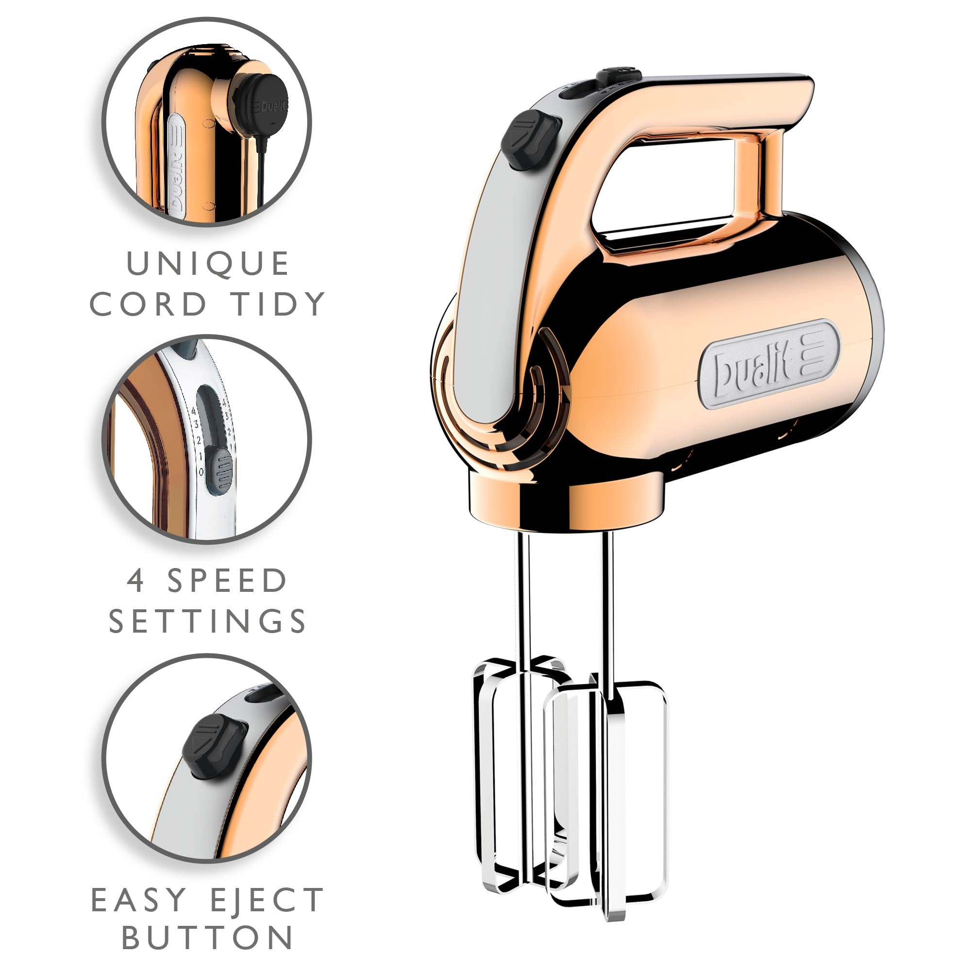 Dualit Hand Mixer Copper - 400W - Strong Grip Handle - Attachments Included - Integral Plug Storage - 4 Speed Settings - Repairable gears - Flat