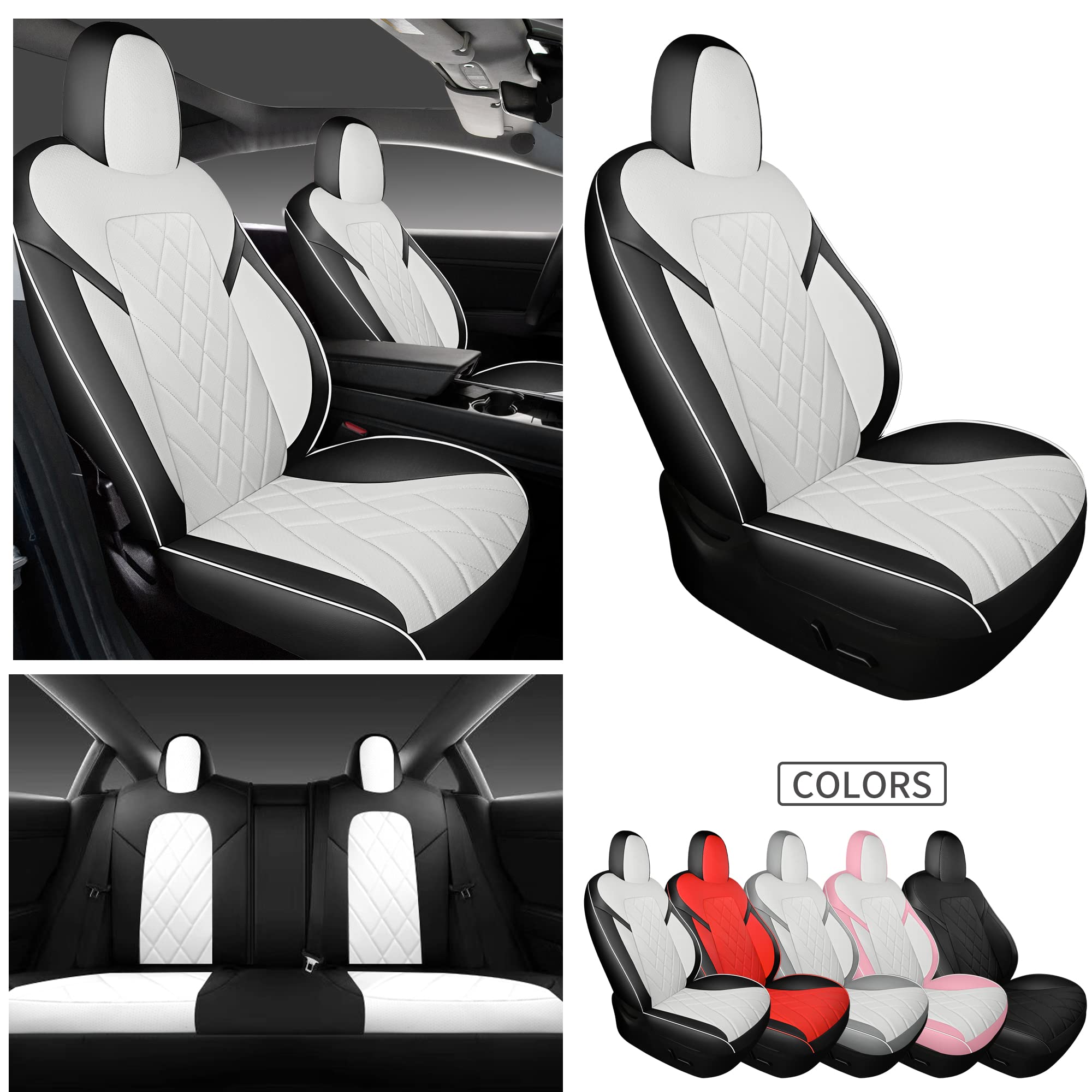 Tapha Faux Leather Seat Cover Set for Tesla Model 3 2017-2022, Breathable and Water-Resistant, Include Seat Covers for Front and Rear Seats (White/Grey)