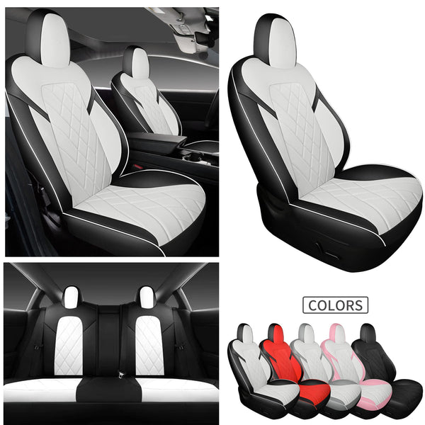 Tapha Faux Leather Seat Cover Set for Tesla Model 3 2017-2022, Breathable and Water-Resistant, Include Seat Covers for Front and Rear Seats (White/Grey)