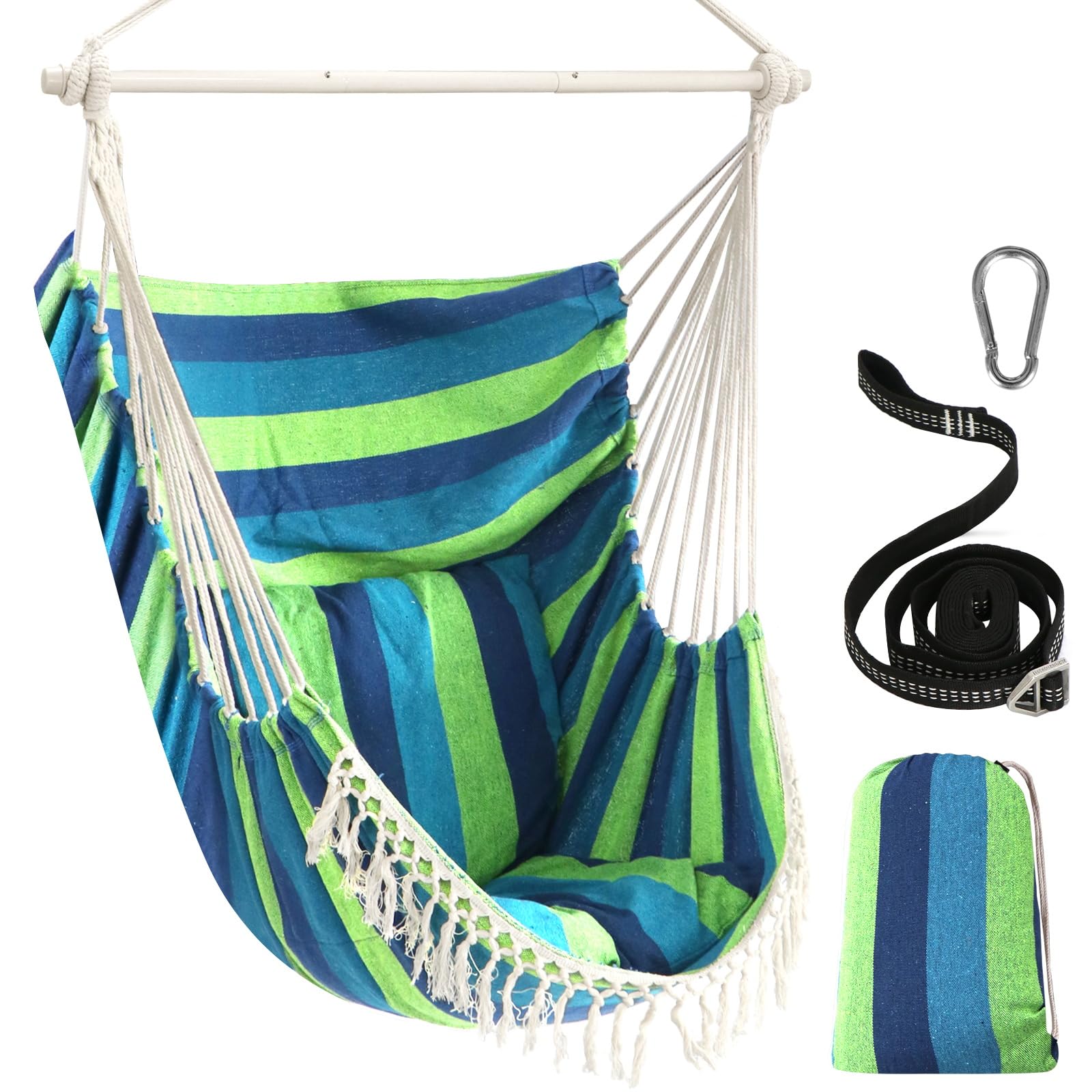 Chihee Hammock Chair Hanging Swing Max 500 Lbs 2 Cushions Included Steel Spreader Bar with Anti-Slip Grooves Portable Hanging Chair Side Pocket Large