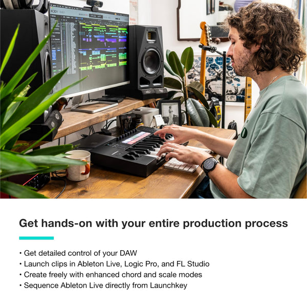 Novation Launchkey Mini 25 [MK4] — Portable 25 Mini-Key, USB, MIDI Keyboard Controller with DAW Integration. Chord Mode, Scale Mode, Drum Pads, and Arpeggiator. Includes Music Creation Software Bundle