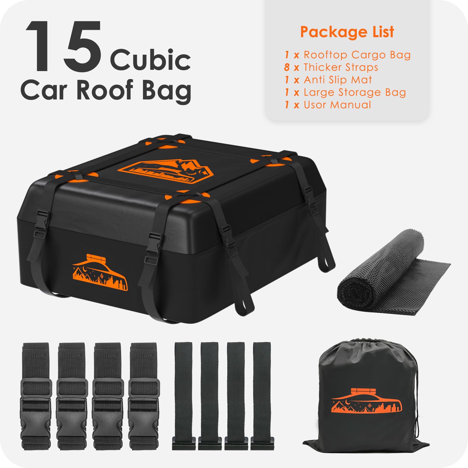 BOYUJK Roof Bag 20 Cubic/566 L, Waterproof Car Roof Bag no Rack Needed, Car Roof Box with Anti-Slip Mat and 6 Heavy-Duty Straps, Folding Soft Roof Bag for Cars with/Without Rack（ Orange 566L ）