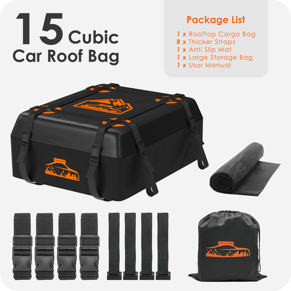 BOYUJK Roof Bag 20 Cubic/566 L, Waterproof Car Roof Bag no Rack Needed, Car Roof Box with Anti-Slip Mat and 6 Heavy-Duty Straps, Folding Soft Roof Bag for Cars with/Without Rack（ Orange 566L ）
