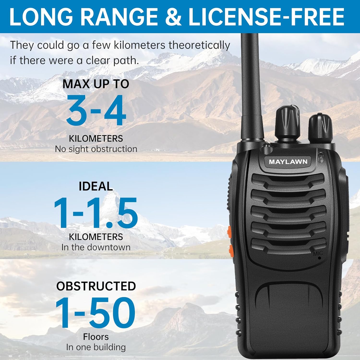 Maylawn Walkie Talkies Pack of 4, Long Range Walkie Talkies for Adults with Rechargeable Batteries, Portable 2 Way Radio with LED Light Earpieces 16CH Supports VOX Function (PMR446)