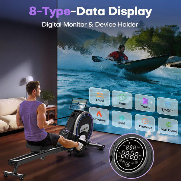 Rowing Machine, MOSUNY Ultra-Quiet Magnetic Rowing Machines for Home Gym with 16/32 Level Resistance & App Support, Upgrade Smooth Double Glide System, 350LBS Capacity Foldable Rower with LCD Monitor