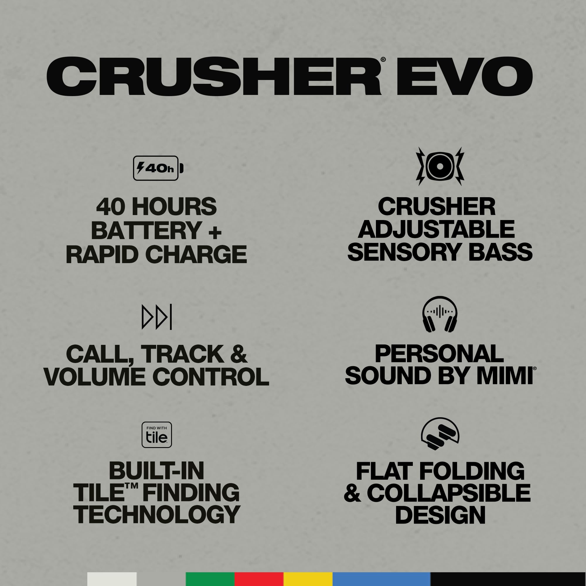 Skullcandy Crusher Evo Wireless Bluetooth Headphones with Multi-Sensory Bass and Charging Cable, Noise Isolating Over-Ear Fit, Up to 40 Hours Battery, Microphone for iPhone Android - Bone