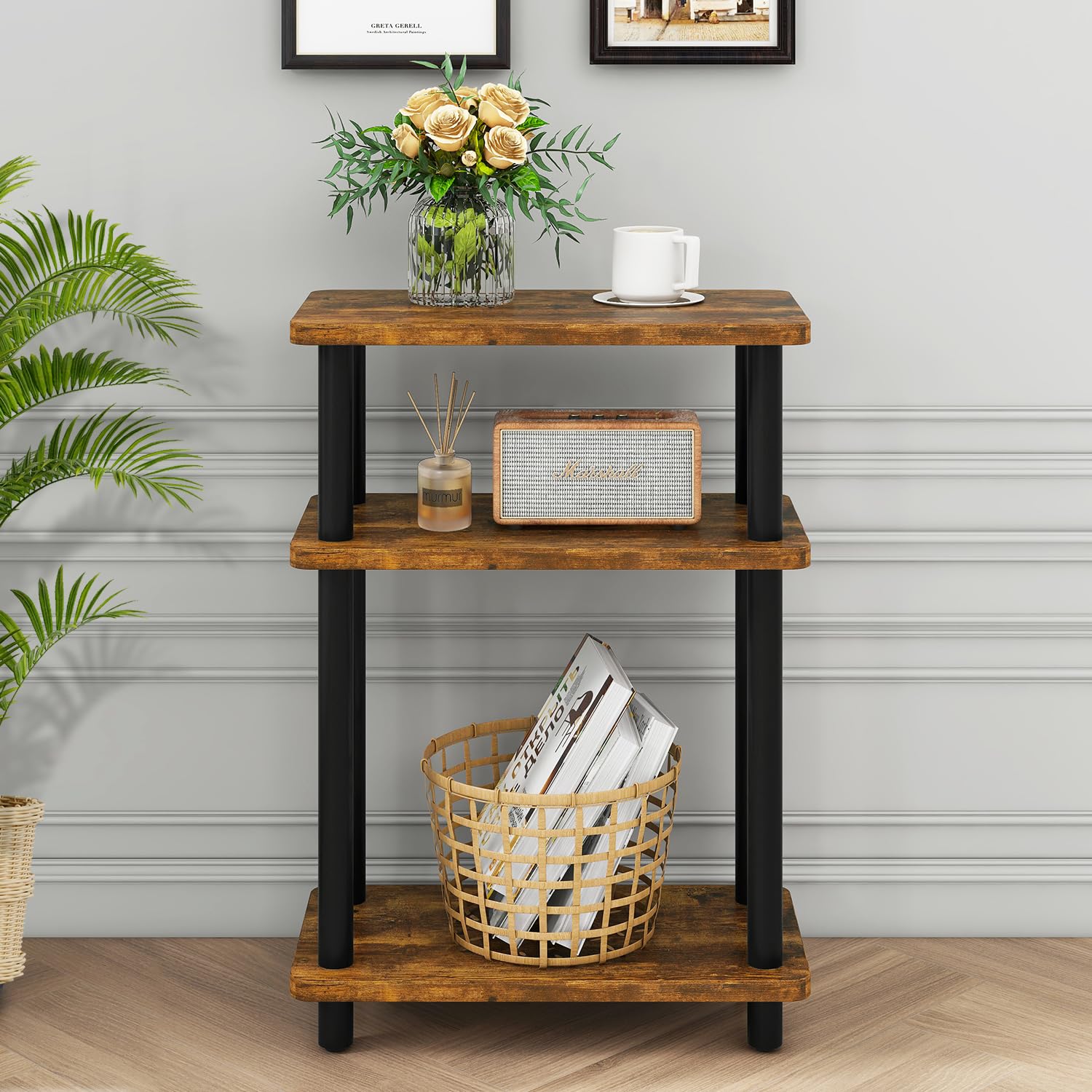 IBUYKE Narrow Side Table, 3-Tier End Table with Storage Shelf Black, Slim Small Table, 40x18x62.5cm,Thin Nightstand Bedside Table for Living Room