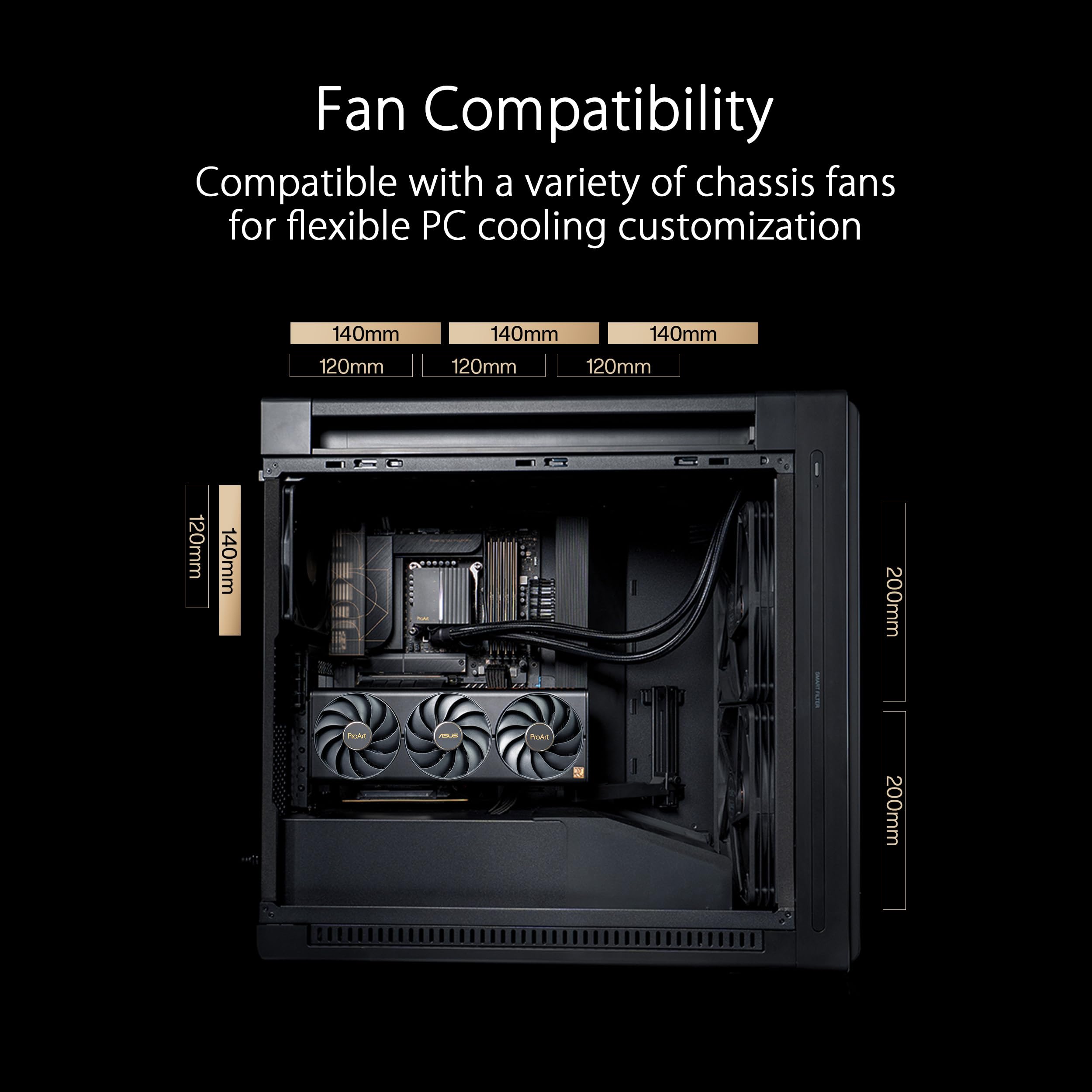 ASUS ProArt PA602 E-ATX computer case, 420 mm radiator support, one 140 mm and two 200mm pre-installed system fans, front panel IR dust indicator, power lock latch, tool-less PCIe mounting