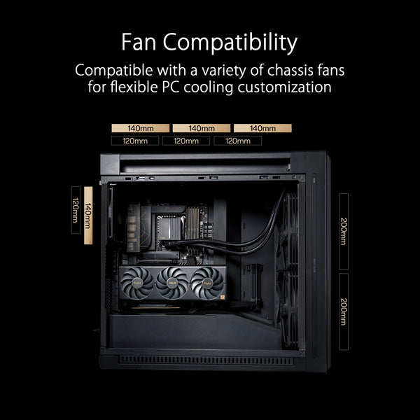 ASUS ProArt PA602 E-ATX computer case, 420 mm radiator support, one 140 mm and two 200mm pre-installed system fans, front panel IR dust indicator, power lock latch, tool-less PCIe mounting