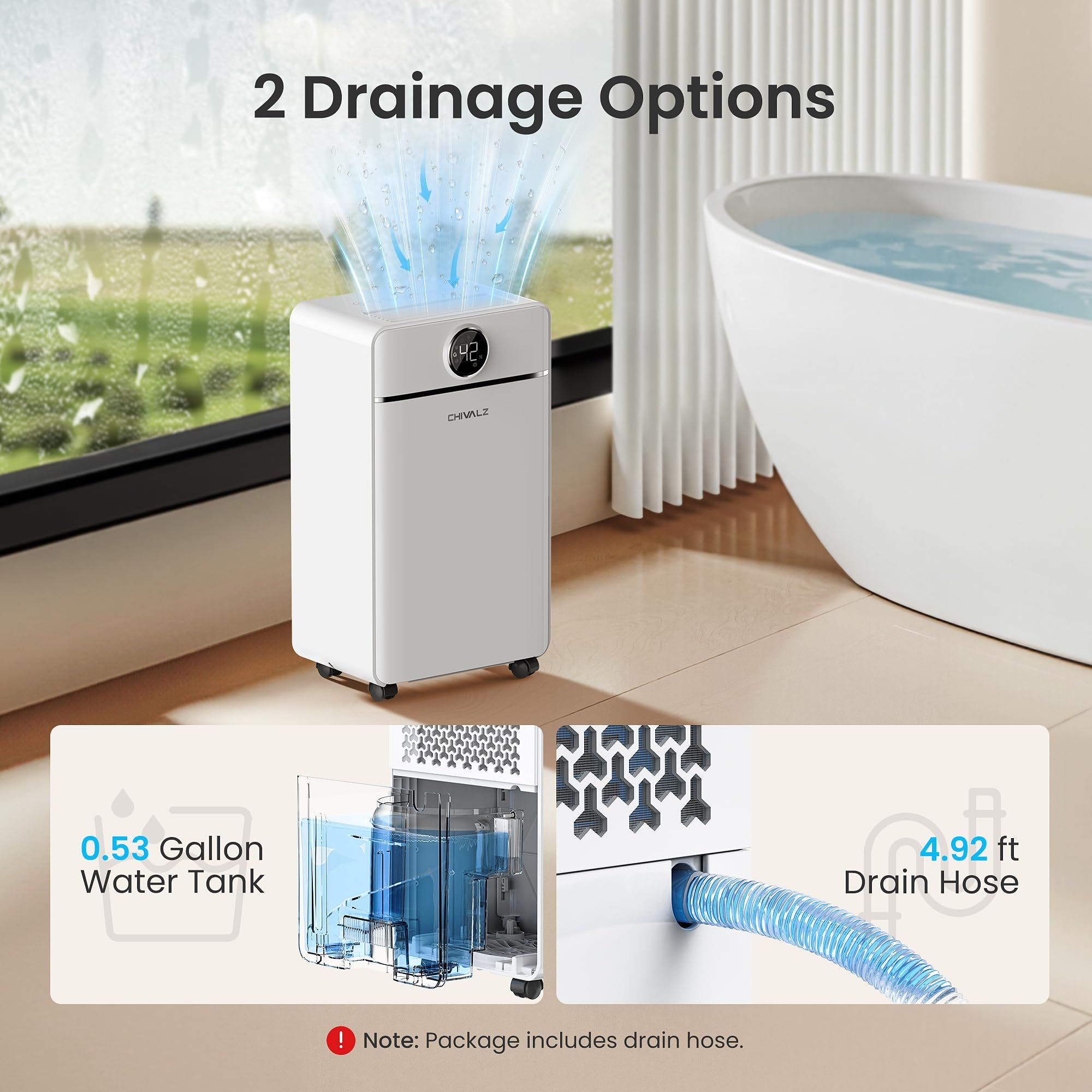 CHIVALZ 12L/24H Dehumidifiers for Home, Bedroom & Bathroom with 3 Modes, LED Display and 24H Timer, Interior Dehumidifier with Automatic Defrosting, 2L Water Tank & Drainage Hose (White, 1Pack)