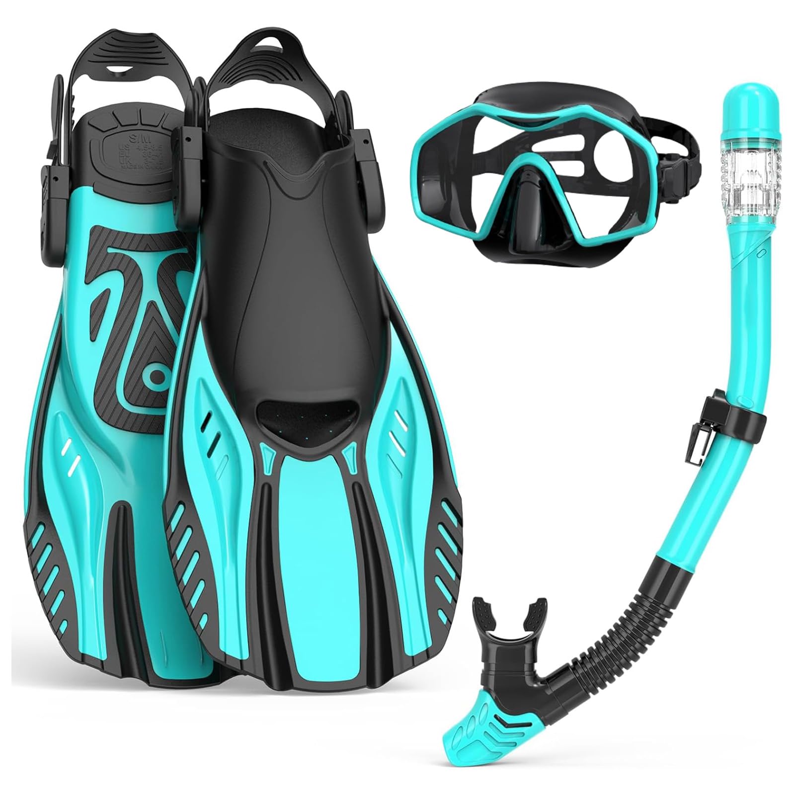 Snorkel Set Adults with Flippers,Snorkel Mask with Adjustable Swim Fins,Dry Snorkel,Panoramic View Swimming Goggles Snorkelling Packages,Snorkeling Gear for Snorkeling Scuba Diving Swimming Travel