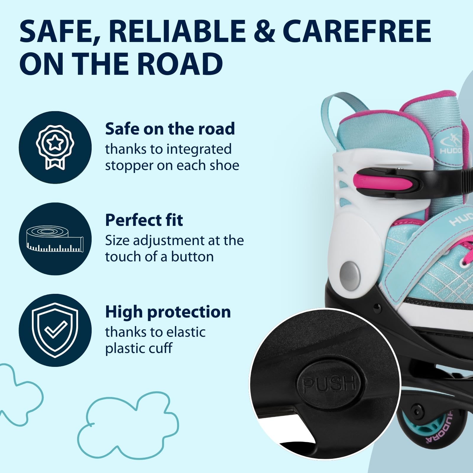 HUDORA Inline Skates Basic in blue/mint - Inliner for children & teenagers in various sizes - Roller skates adjustable up to 4 sizes - Ideal as entry