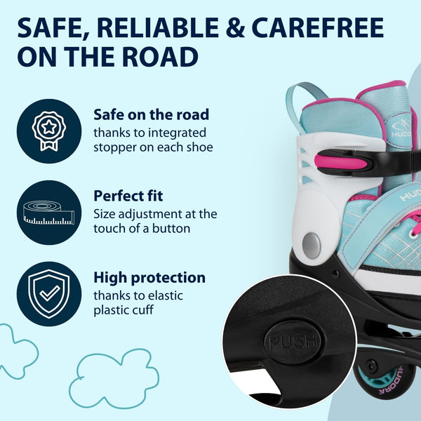 HUDORA Inline Skates Basic in blue/mint - Inliner for children & teenagers in various sizes - Roller skates adjustable up to 4 sizes - Ideal as entry