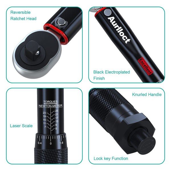 1/2" Torque Wrench Set, Car Wheel Torque Spanner 20-230 Nm with 3/8'' Adapter, ± 3% Accuracy, 72 Tooth for Car Repair, Tire Replacement Etc