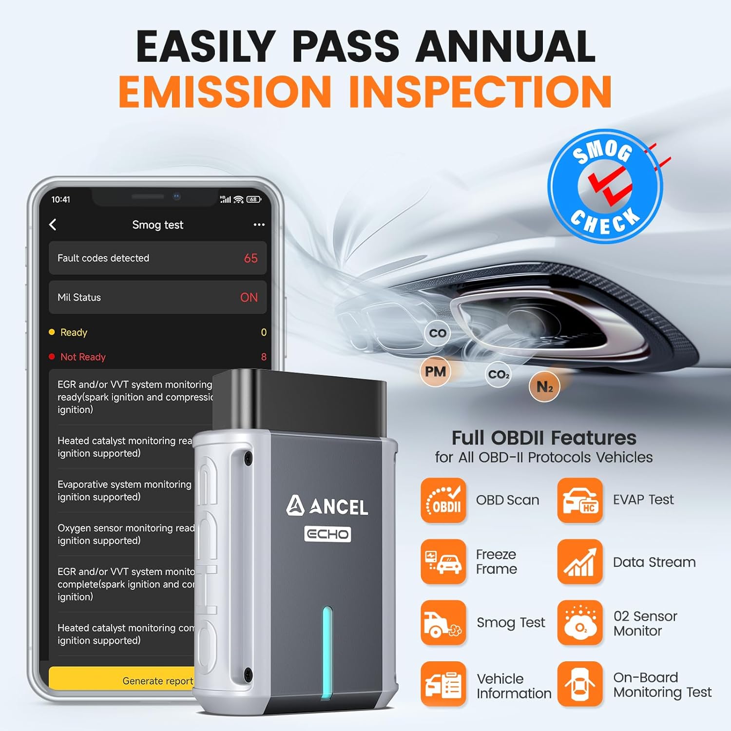 ANCEL ECHO OBD2 All System Diagnostic Scan Tool Bluetooth, Wireless Scanner Check Engine Car Code Reader for iOS Android, Smog Check, Oil Reset, Vehicle Performance Test, Active Test, Lifetime Update