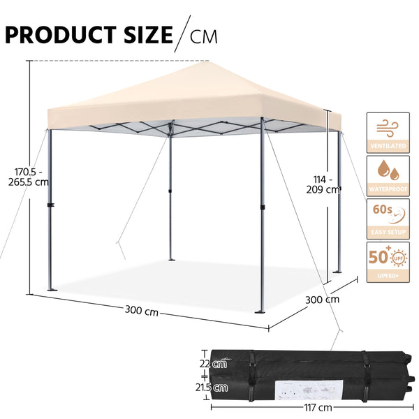 Yaheetech Pop Up Gazebo, 3x3m Easy One Person Setup Instant Shelter, Waterproof Garden Patio Canopy with 4 Sandbags, 4 Ropes & 8 Stakes, Wheeled Bag, Steel Frame, Adjustable Height - Beige