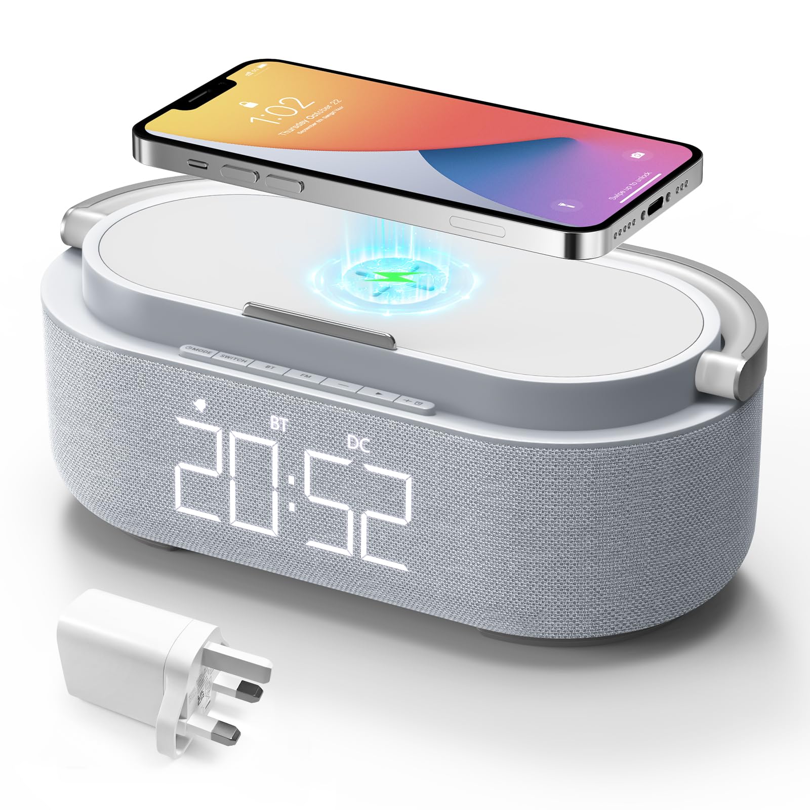 COLSUR Radio Alarm Clock Bluetooth Speaker, 15W Wireless Charger Alarm Clocks Bedside, Night Light, Loud Volume for Heavy Sleepers, Snooze, Dimmable LED Display, 2500mAh Battery