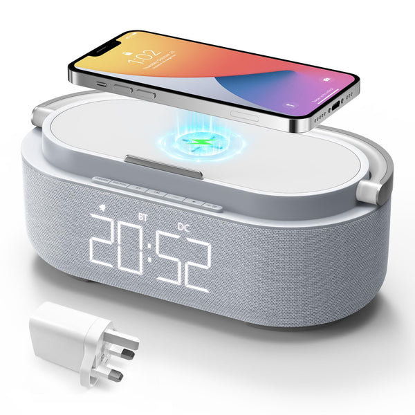 COLSUR Radio Alarm Clock Bluetooth Speaker, 15W Wireless Charger Alarm Clocks Bedside, Night Light, Loud Volume for Heavy Sleepers, Snooze, Dimmable LED Display, 2500mAh Battery