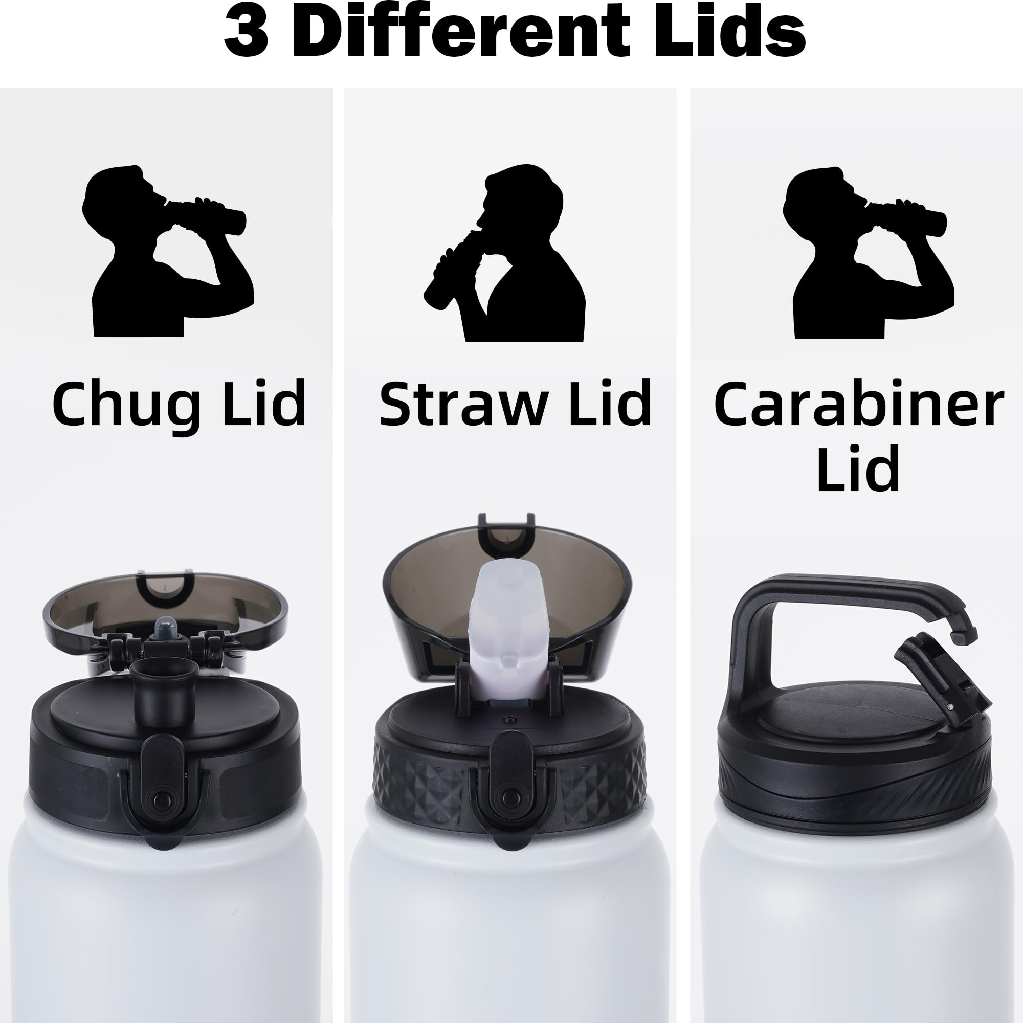 OLDLEY Stainless Steel Water Bottle with Straw 1L Vaccum Insulated Large Drink Flask Metal Water Bottles 1 Litre Leakproof Keep Drinks Hot Cold for Sports Gym with Different Lids(Purple Green, 3 Lids)