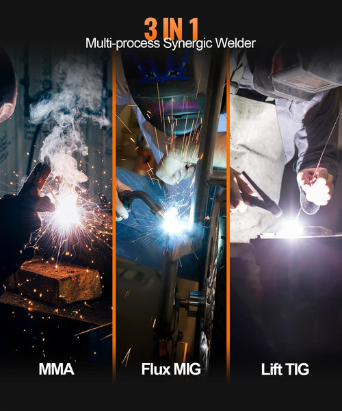HITBOX Gasless MIG Welder 240V 200A, 3-in-1 Synergy Welding Machine MIG/ARC/Lift TIG with LED Display, Flux Core Wire & MIG Torch – IGBT Inverter Portable Welder(HBM200)