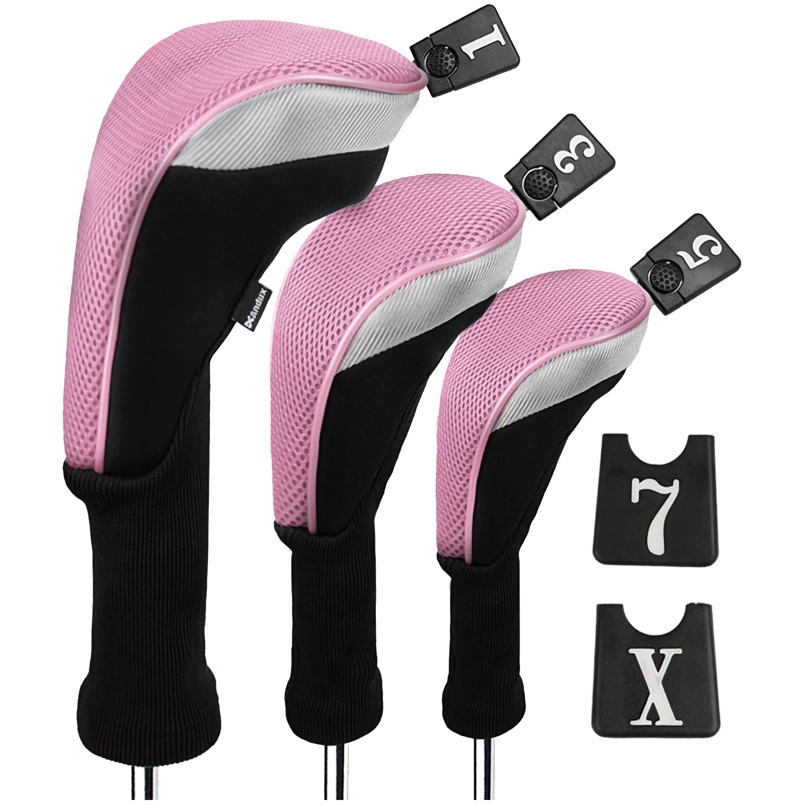 Andux 6pcs/Set Golf Club Head Covers Woods Driver Fairway Hybrid Set Long Neck (3 Hybrid + 3 Woods) Black/Pink