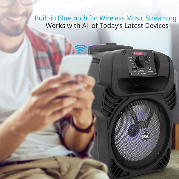 Pyle, Portable Dj Speaker System 400W, Bluetooth Pa Loudspeaker - 8” Subwoofer, USB/MP3/FM Radio/Mic Inputs, LED Lights, Rechargeable Battery w/Remote Control
